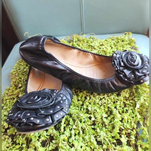 VALENTINO Black Luxe Leather Ornate Silver Studs Rosette Toes Ballet Flats Shoes - Picture 9 of 15